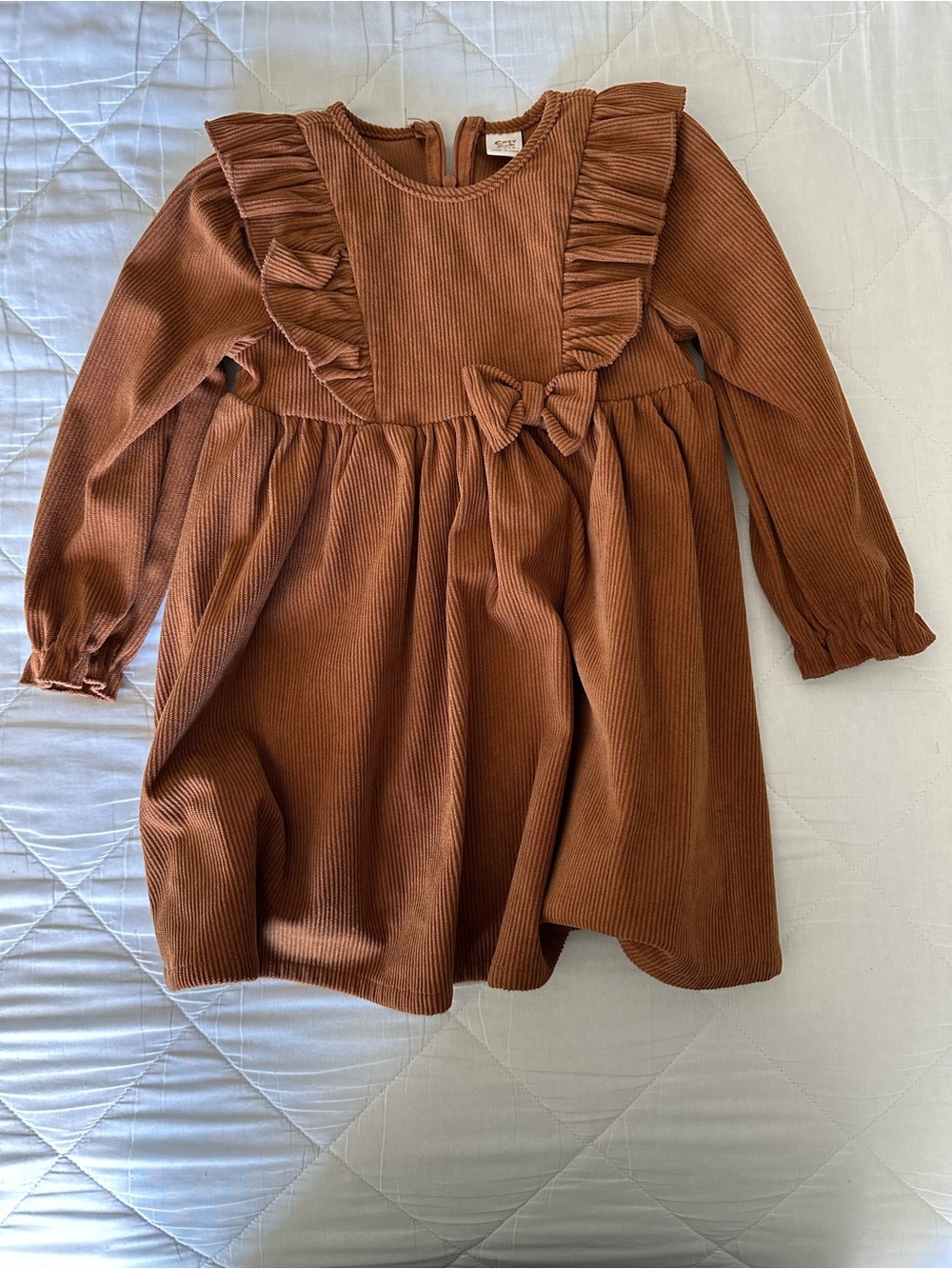 Corduroy Ruffle Bow Dress in Warm Rust
